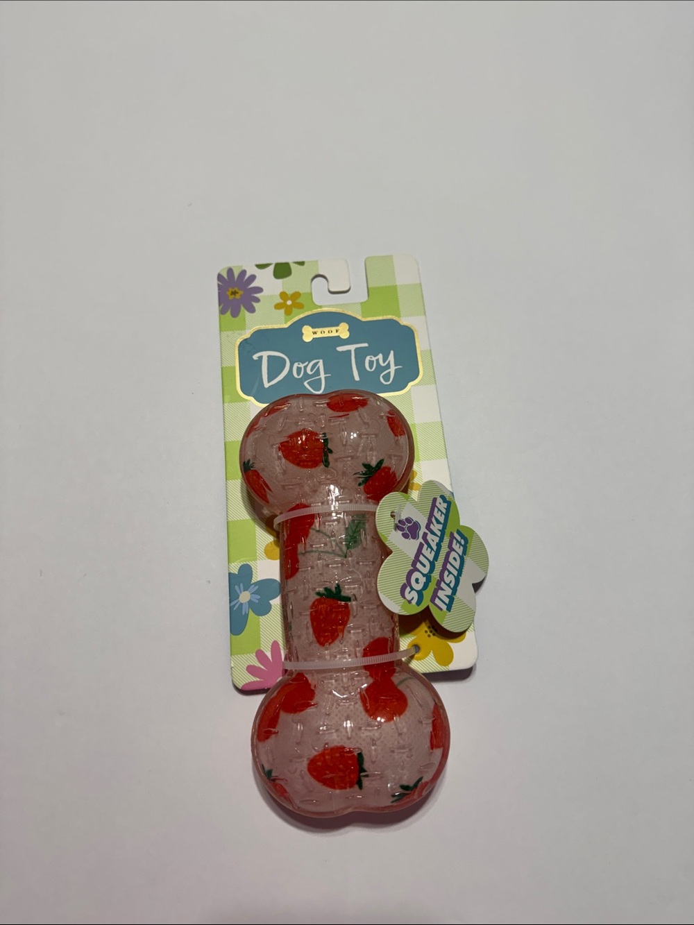 Strawberry Print Squeaky Bone Dog Toy - Pink